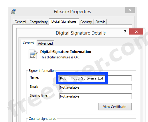 Screenshot of the Robin Hood Software Ltd certificate